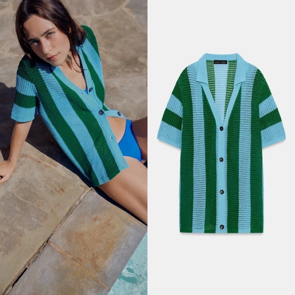 ZARA STRIPED SHORT SLEEVE KNIT CARDIGAN